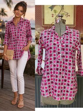 Marigold Watercolor Grid Print Cotton Collared Tunic Top Pink Burgundy XS💚🎀